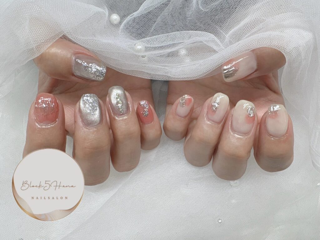 Nail No.2887【ミラーアクセントの春色ネイル】