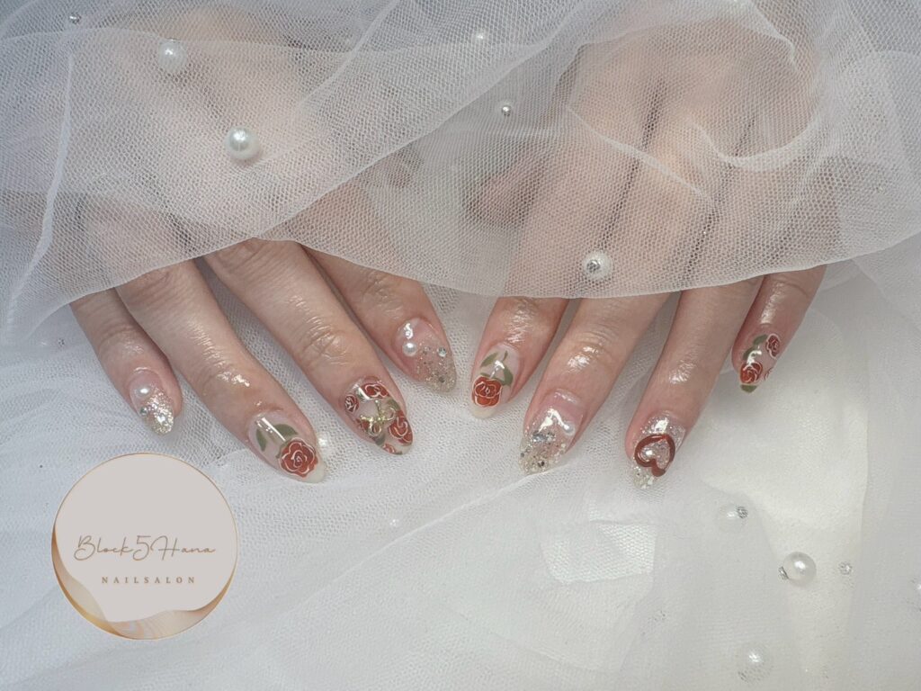 Nail No.3003【ミラーラインがポイントの薔薇ネイル】 Nail No.3003【ミラーラインがポイントの薔薇ネイル】