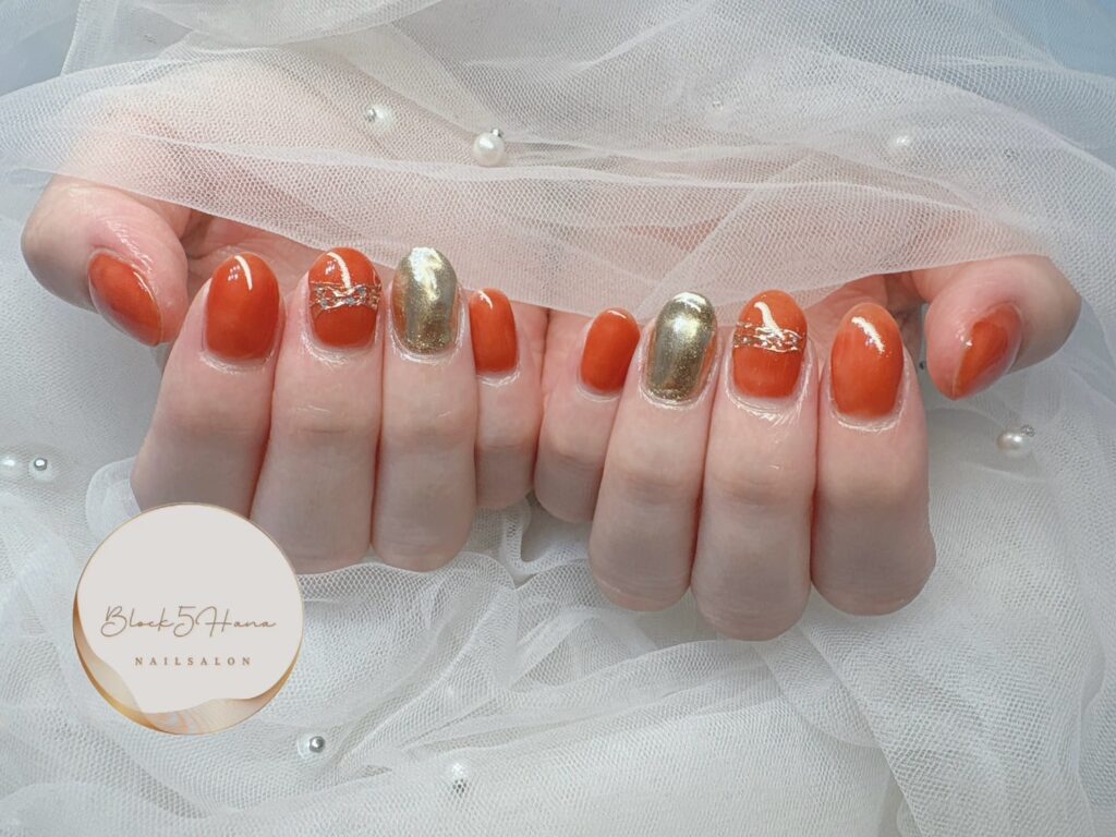 Nail No.3209【オレンジとゴールドの大人ミラー】