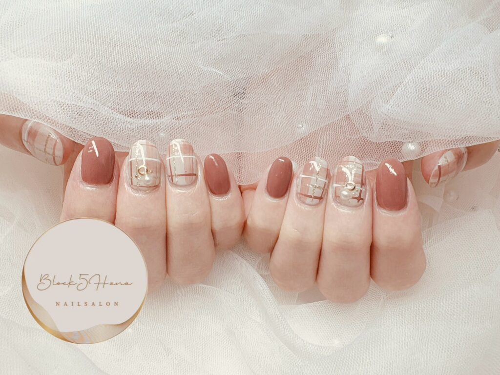 Nail No.3422【ピンクブラウン チェック柄】