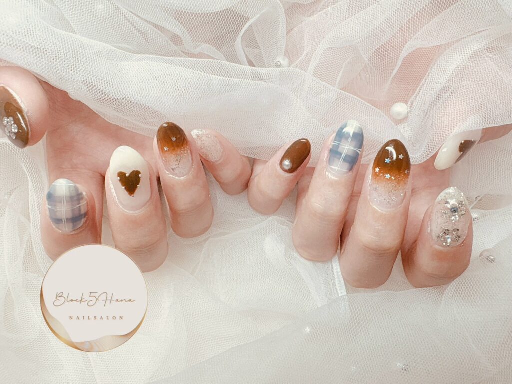 Nail No.3442【ブラウン×ブルー チェックネイル】