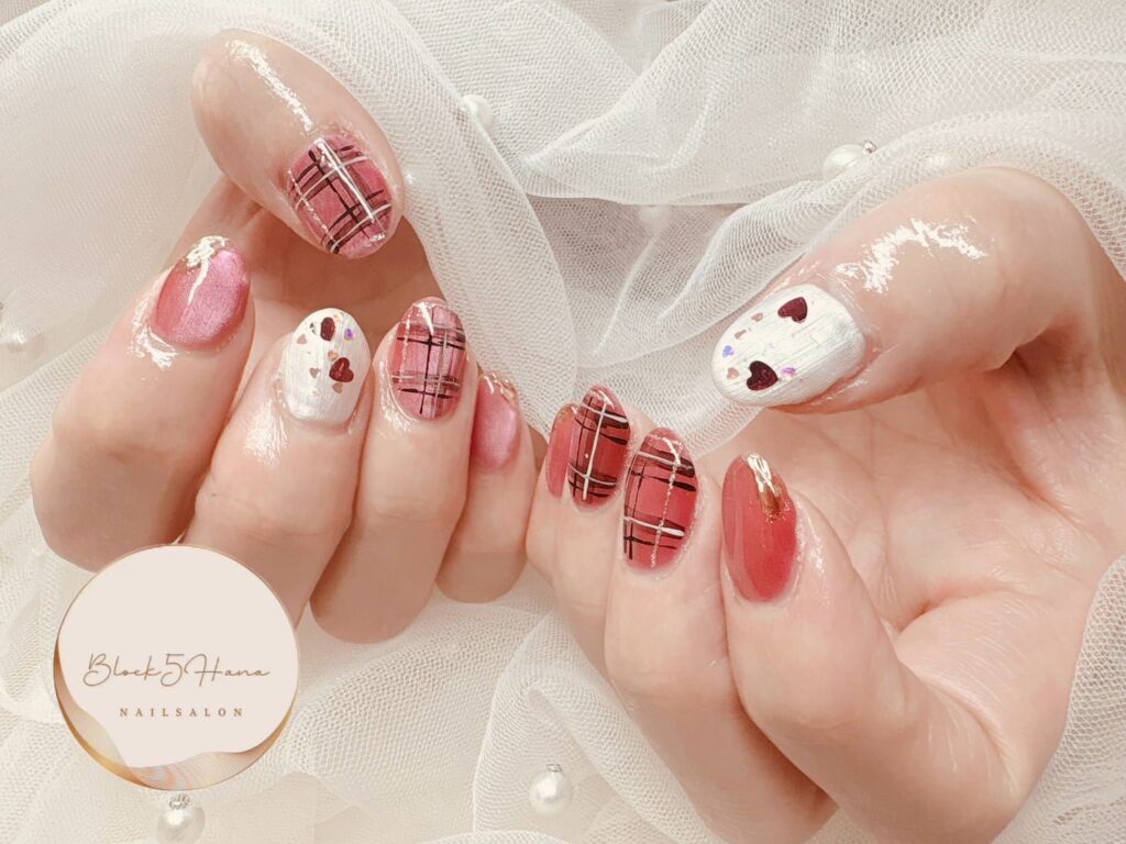 Nail No.3460【ピンクマグベースのチェックネイル】