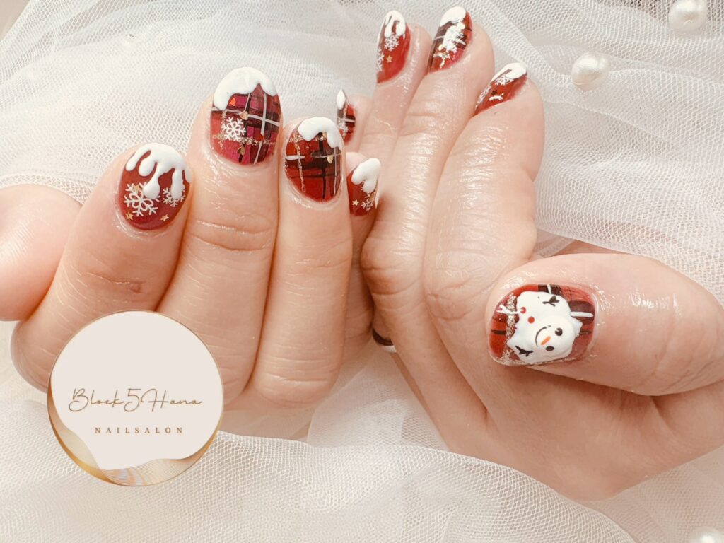 Nail No.3523【タータンチェックの雪だるまネイル】