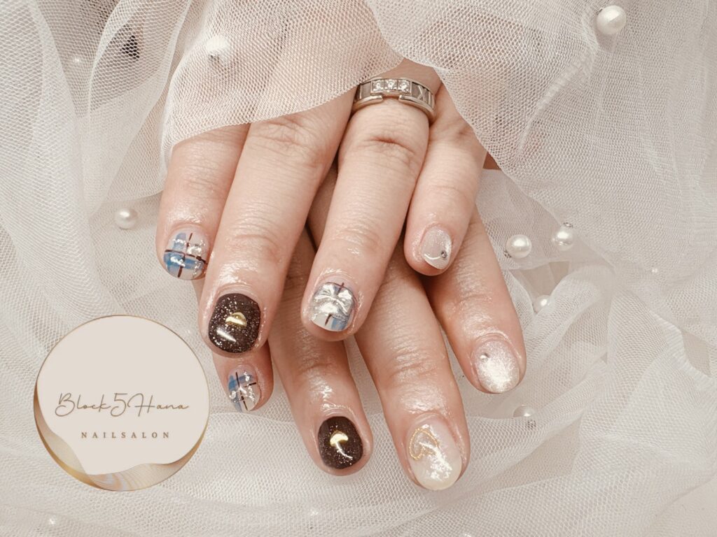 Nail No.3629【ブルーとブラウンのチェック】