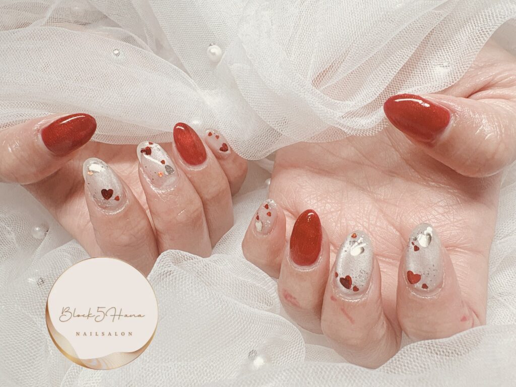 Nail No.3680【赤とシルバーのバレンタインネイル】