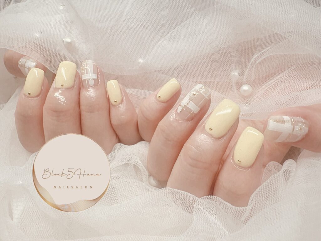 Nail No.4108【バターイエローとチェック柄】