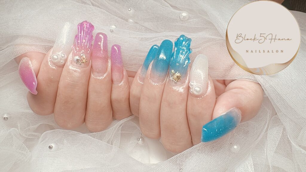 Nail No.4188【クリアなピンクとブルーのマーメイドネイル】