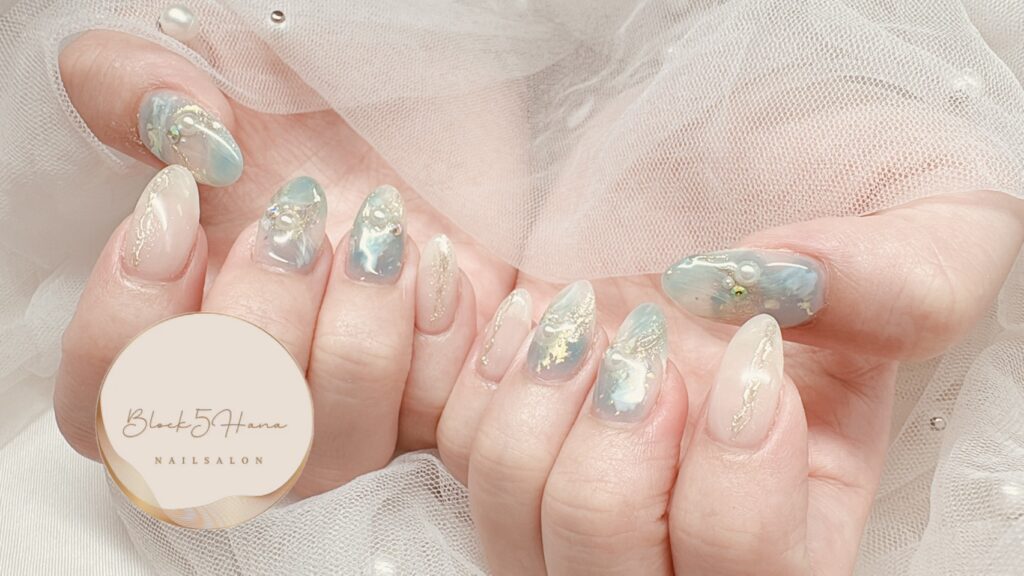 Nail No.4209【水色×ベージュ 夏っぽマーブルネイル】