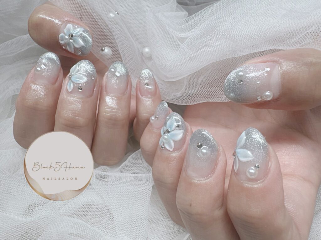 Nail No.4278【涼しげカラーの3Dお花ネイル】