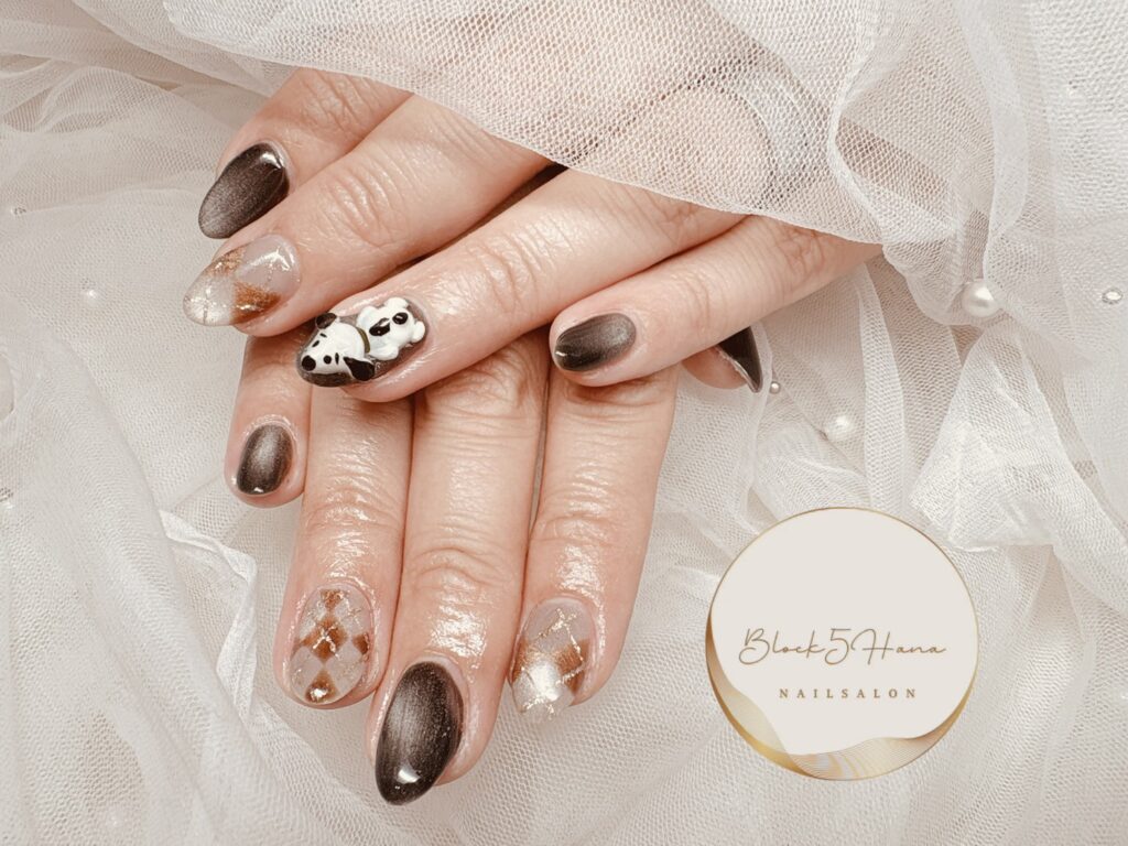 Nail No.4363【マグネットアーガイルに遊び心をプラスしたブラウンネイル】