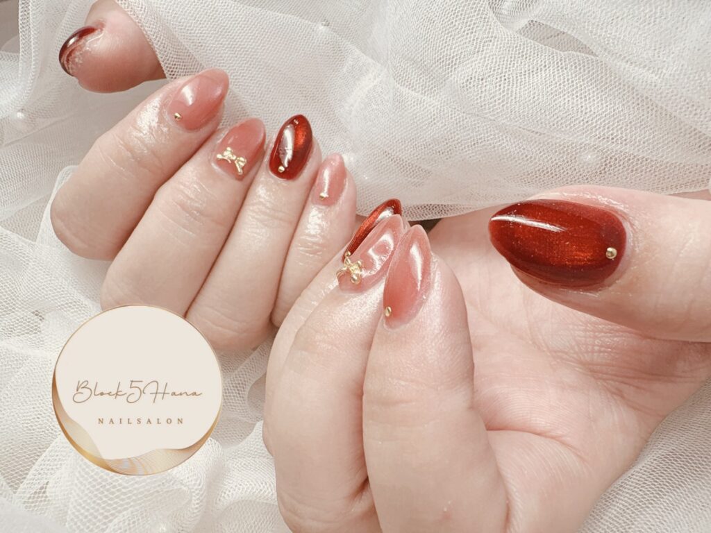 Nail No.4375【レッドマグネットのリボンネイル】