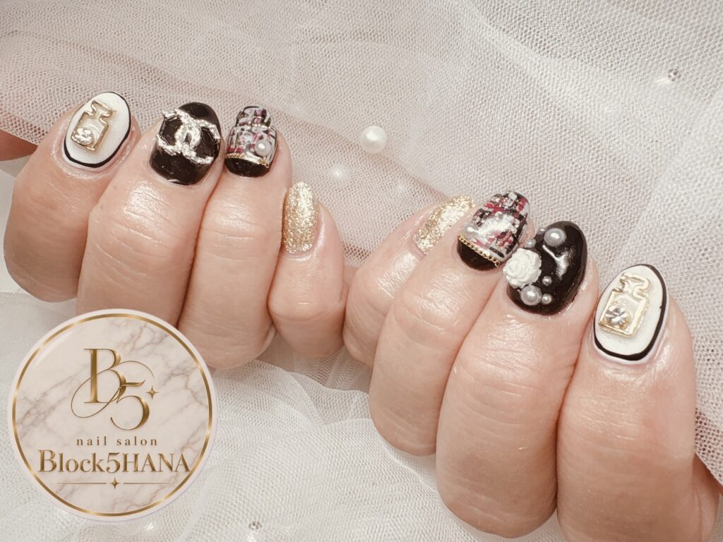 Nail No.4398【ブラック×ツイードの大人ガーリーネイル】