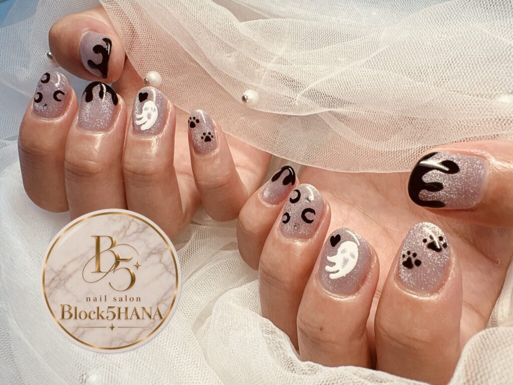 Nail No.4416【くすみパープル×おばけと肉球が可愛いハロウィンネイル】