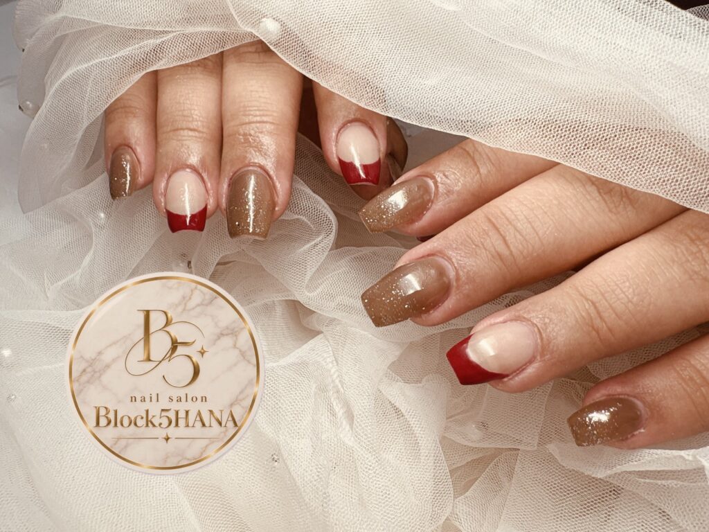 Nail No.4421【ボルドーフレンチ×ブラウンラメの上品大人ネイル】
