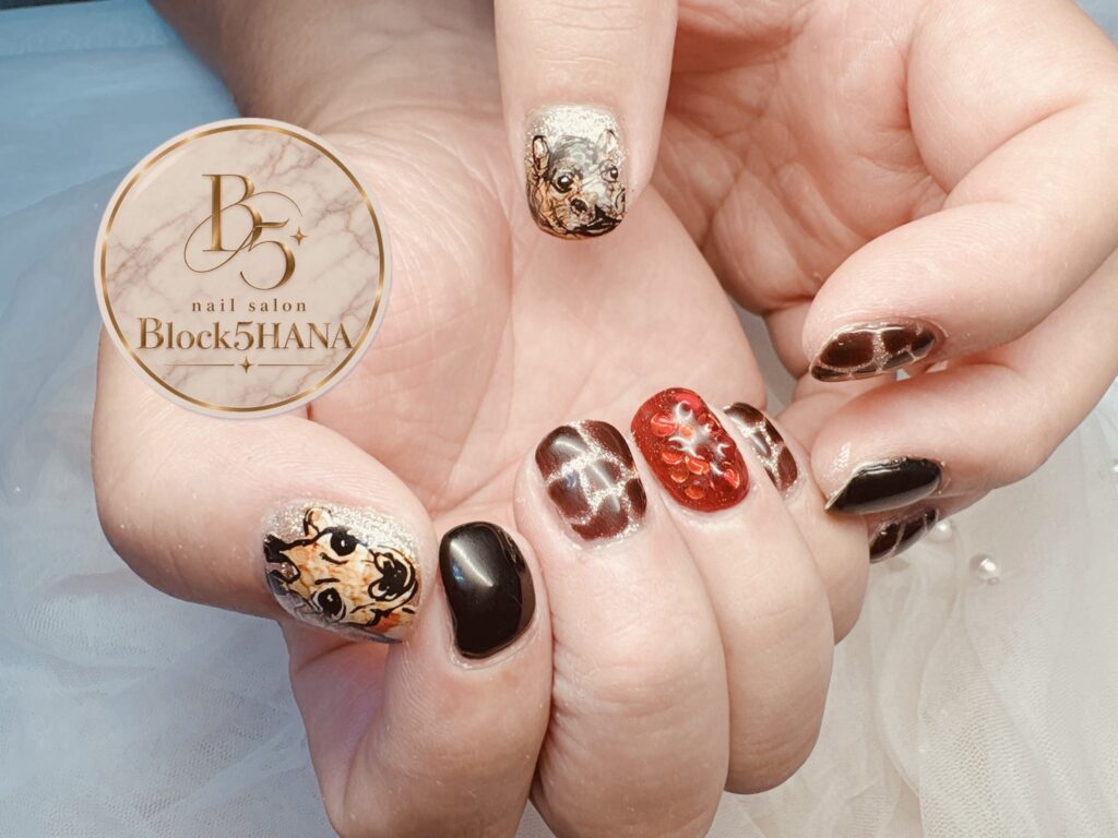 Nail No.4436【アニマルアート×ブラウン＆レッドの個性派ネイル】