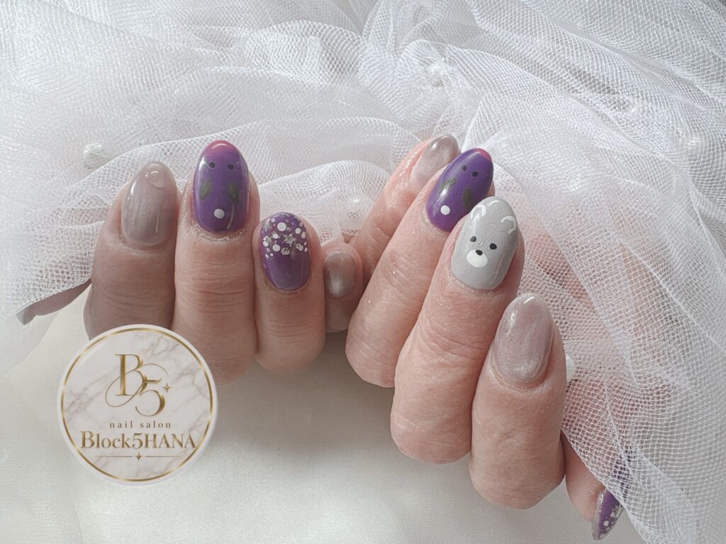 Nail No.4446【パープルマグネット×くまさんのキュートネイル】